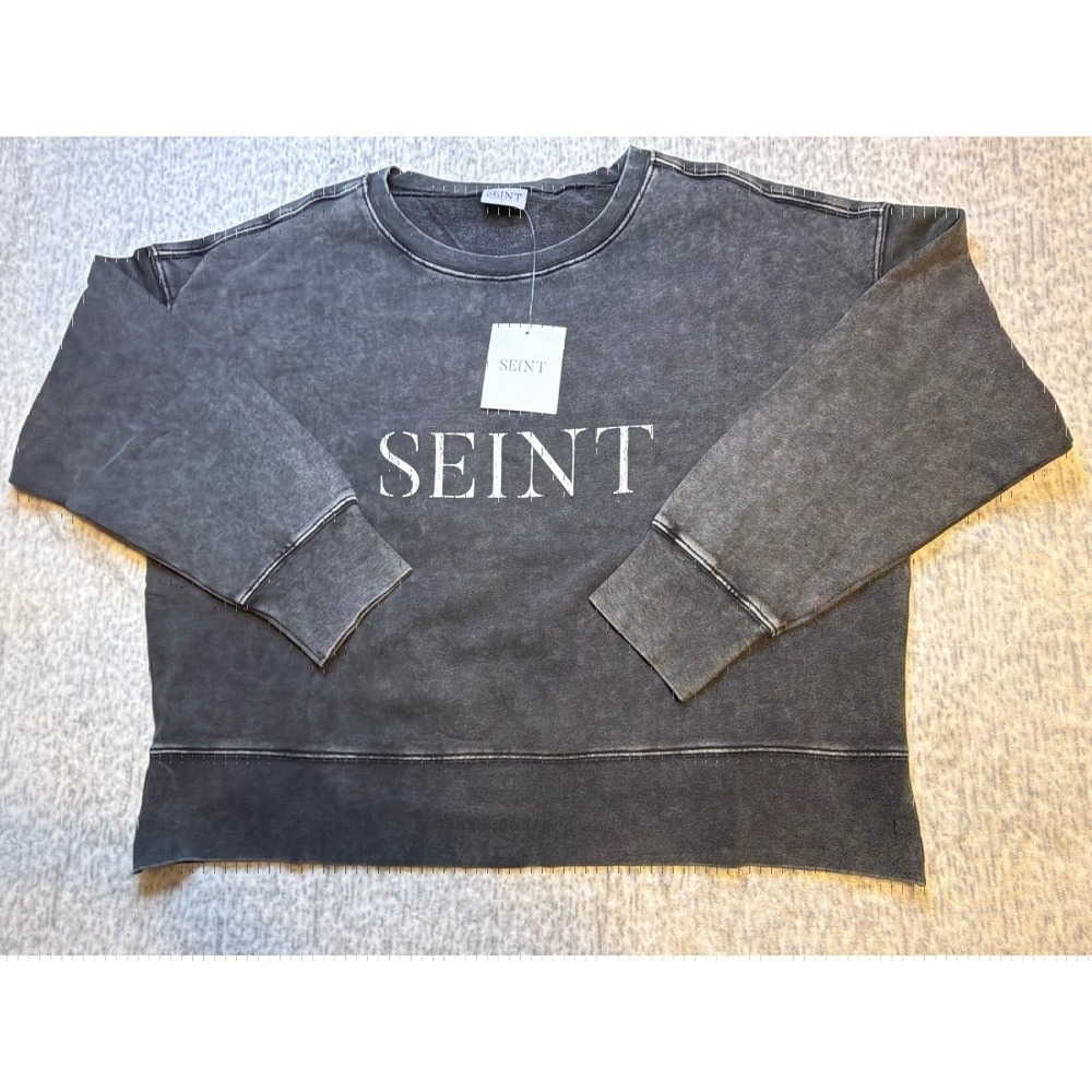 SEINT‎ Graphic Sweatshirt Washed Black Crewneck LongSleeve Top Womens Size L NWT